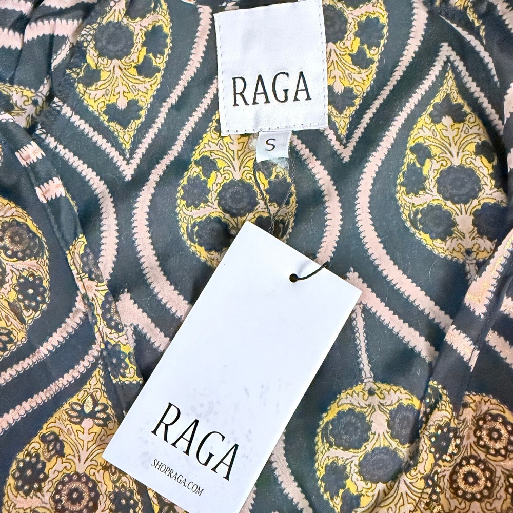NEW Raga Asmee Maxi Dress Small Black Gold Boho Paisley Smocked V-Neck Long Slv - Picture 10 of 13